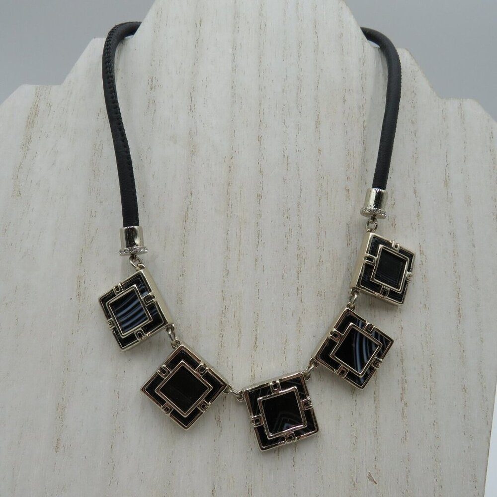 White House Black Market Necklace Glass Tiles Swirls Leather 18" Silver Tone